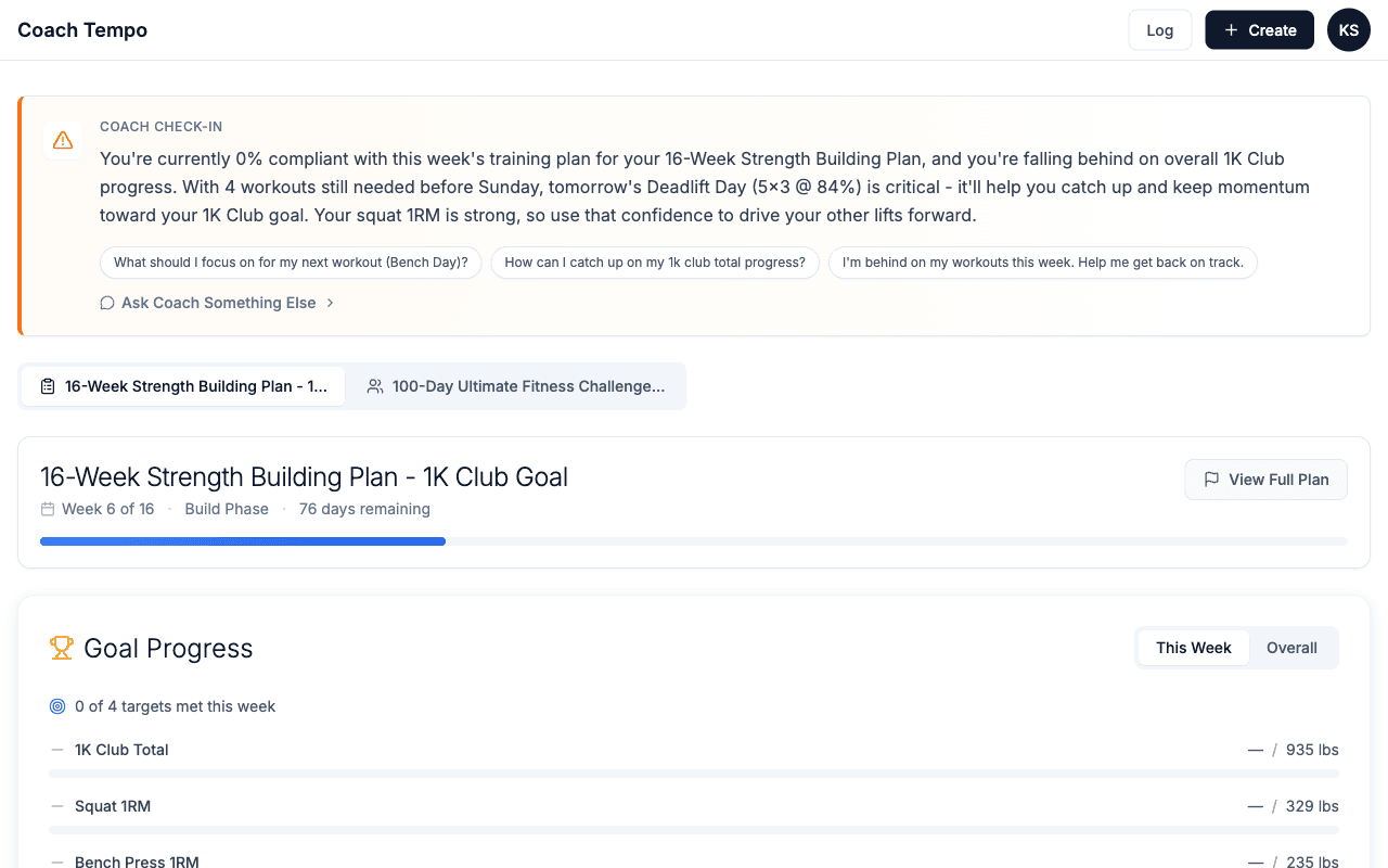 Coach Tempo Dashboard showing training plan, goal progress, and weekly schedule
